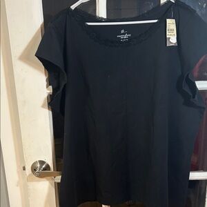 B4.   Women's Plus Lace-Trim Black Short Sleeve Top